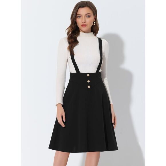 Women's High Waist Overall Dress Button Decor Flared Midi Suspender Skirt Black - Picture 2 of 5